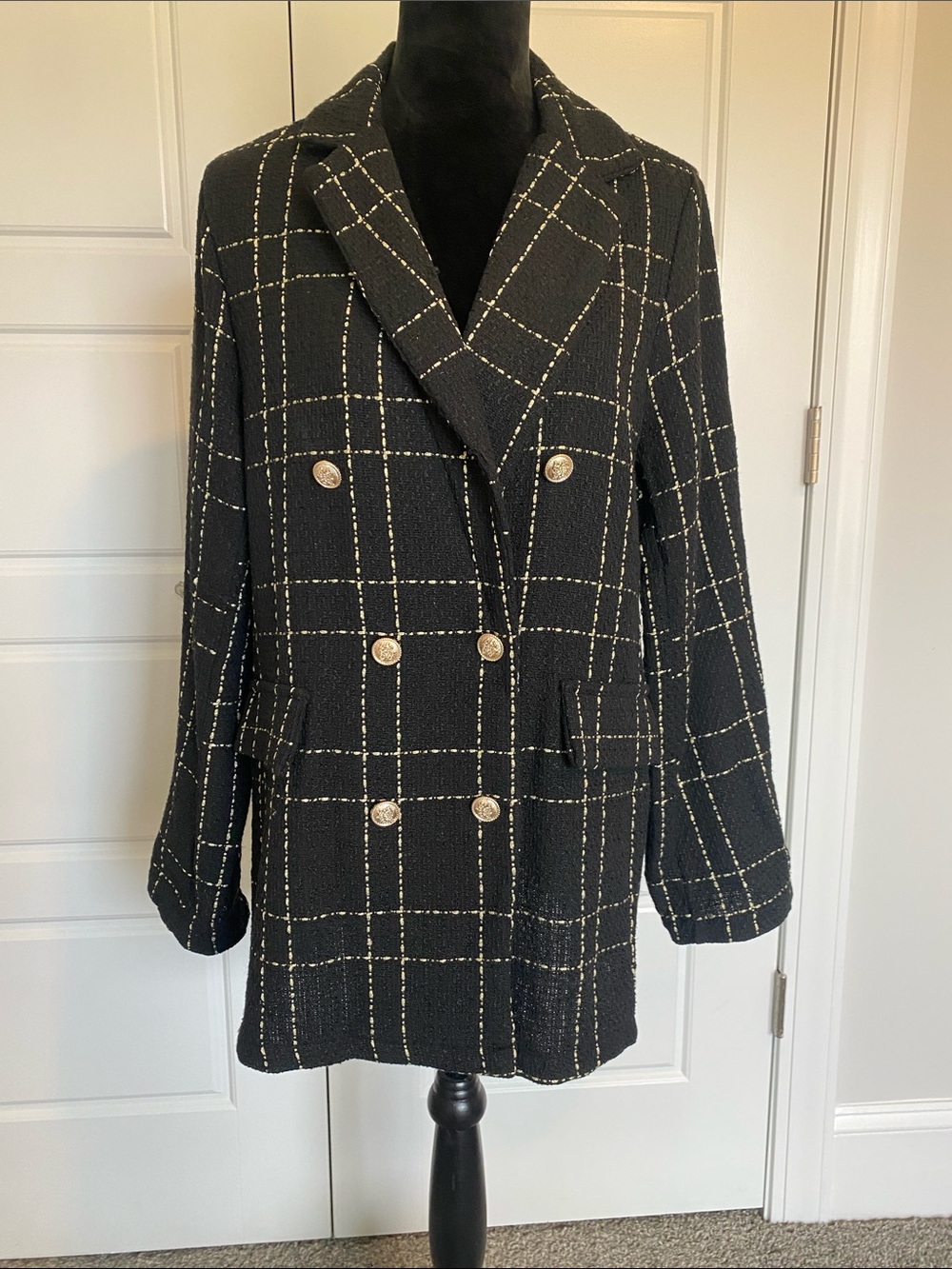 SHEIN Black Windowpane Gold-Button Double-Breasted Blazer